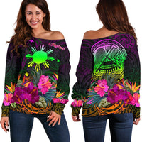 The Phillipines Women's Off Shoulder Sweater, Summer Hibiscus RLT6 - Wonder Print Shop