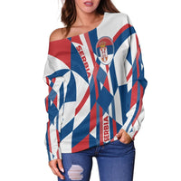 Women Off Shoulder - Serbia Flag Color With Coat Of Arm RLT7 - Wonder Print Shop