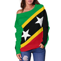 Saint Kitts and Nevis Women's Off Shoulder Sweater, Saint Kitts and Nevis Flag Style RLT6 - Wonder Print Shop