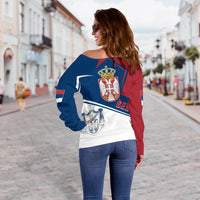 Serbia Women's Off Shoulder Sweater Coat Of Arms Flag Style, RLT7 - Wonder Print Shop