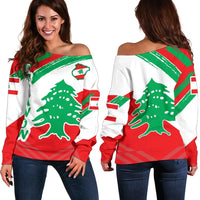 Lebanon Women's Off Shoulder Sweater, Lebanon Flag Polygon Style, RLT6 - Wonder Print Shop
