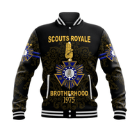 Black unisex baseball jacket with striped rib collar and front emblem graphic