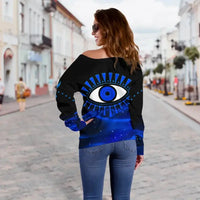 Sweatshirt Evil Eye Women's Off Shoulder Sweater Original Style Blue LT8 - Wonder Print Shop
