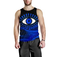 Black men’s tank top with blue evil eye graphic on front, sleeveless crew neck