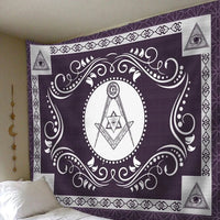 Purple freemasonry crest tapestry, triangular eye emblems and central oval motif