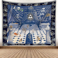Blue tapestry with Freemasonry crest over draped celestial scene, pillars and animals