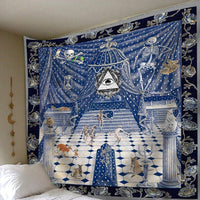 Blue tapestry hung on wall, triangle-and-eye emblem with starry curtain backdrop