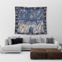 Blue wall tapestry with central eye crest, hanging curtains, and stairway scene