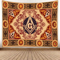 Brown Freemasonry crest tapestry with ornate gold, red, and blue border