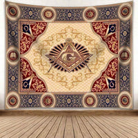 Freemasonry crest tapestry, blue/red/cream ornate border with diamond emblem