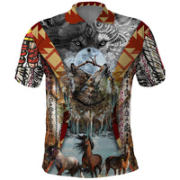 Native American Feather Headdress With Native Horses And Three Wolves In Moonlight African Pattern Polo Shirt - Wonder Print Shop