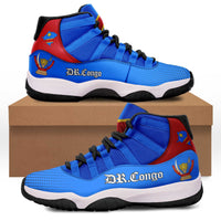 Blue high-top sneakers with red side panels, black laces, white midsole and logo strap