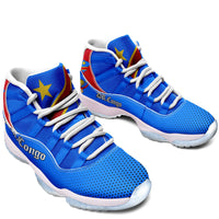 Blue high-top sneakers with red accents and star patch, white laces, white midsole outsole