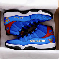 Blue and red high-top sneakers in box, perforated toe, black laces, DR Congo heel logo