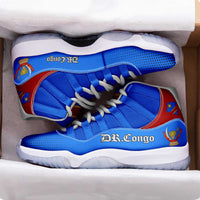 Blue and red high-top sneakers in box, perforated toe, white laces, DR Congo heel logo