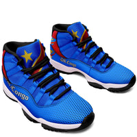 Blue high-top sneakers, red accents and star patch, black laces, black outsole sole view