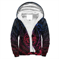 Black hoodie with white sherpa lining and Guam tribal graphic, zip front