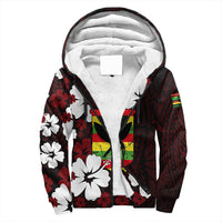 Red sherpa-lined unisex hoodie with floral hibiscus graphic and front pocket