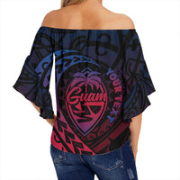 Black off-shoulder wrap waist top, back view, Guam heart graphic with flutter sleeves