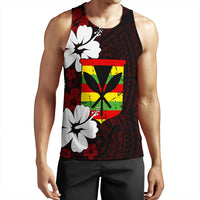 Red tank top with black base, hibiscus flowers, and multicolor emblem graphic front