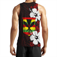 Black tank top back view with hibiscus flowers and multicolor emblem print