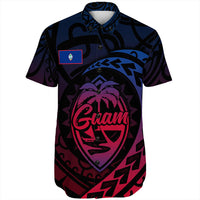 Black short-sleeve polo with 'Guam' front graphic and red chest logo patch