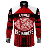 Wonder Print Shop Shirt - Personalized Hawaiian High Kahuku Red Raiders Football Long Sleeve Button Shirt LT10 - Wonder Print Shop