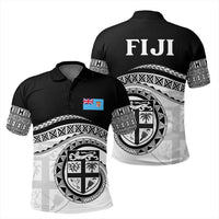 Two Fiji polo shirts: front crest with flag patch, back shows 'FIJI' text