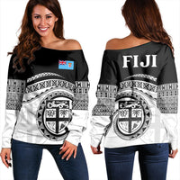 Women off-shoulder black sweatshirt, Fiji crest tribal print; FIJI text on back