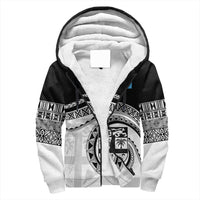 Black sherpa hoodie with white hood lining and Polynesian crest front graphic