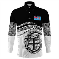 Black long-sleeve button shirt with Fiji crest and tribal border sleeves