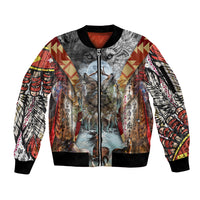 Native American Feather Headdress With Native Horses And Three Wolves In Moonlight African Pattern Sleeve Zip Bomber Jacket - Wonder Print Shop