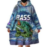Wearable blanket hoodie dress, blue hood with large bass fish print and purple text