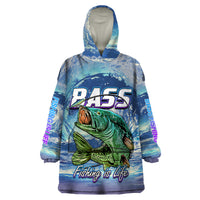 Wearable blanket hoodie with blue hood and bass fish graphic, long sleeves, front print