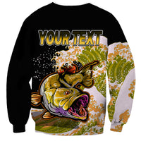 Black bass fishing sweatshirt with “YOUR TEXT” and colorful bass graphic on back
