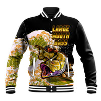 Black bass fishing baseball jacket with front fish graphic, striped collar and cuffs