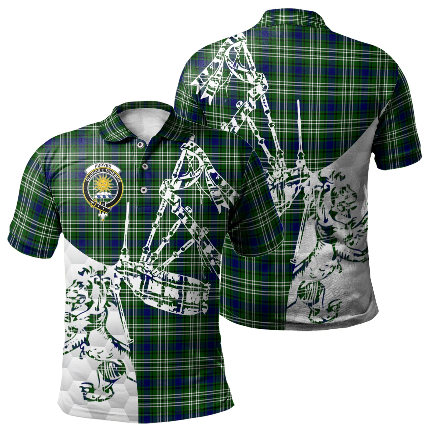 scottish-purves-clan-crest-tartan-polo-shirt-lion-and-bagpipes-style