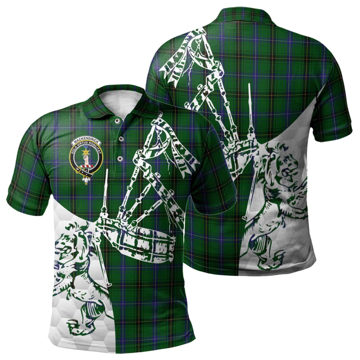 scottish-mackendrick-clan-crest-tartan-polo-shirt-lion-and-bagpipes-style