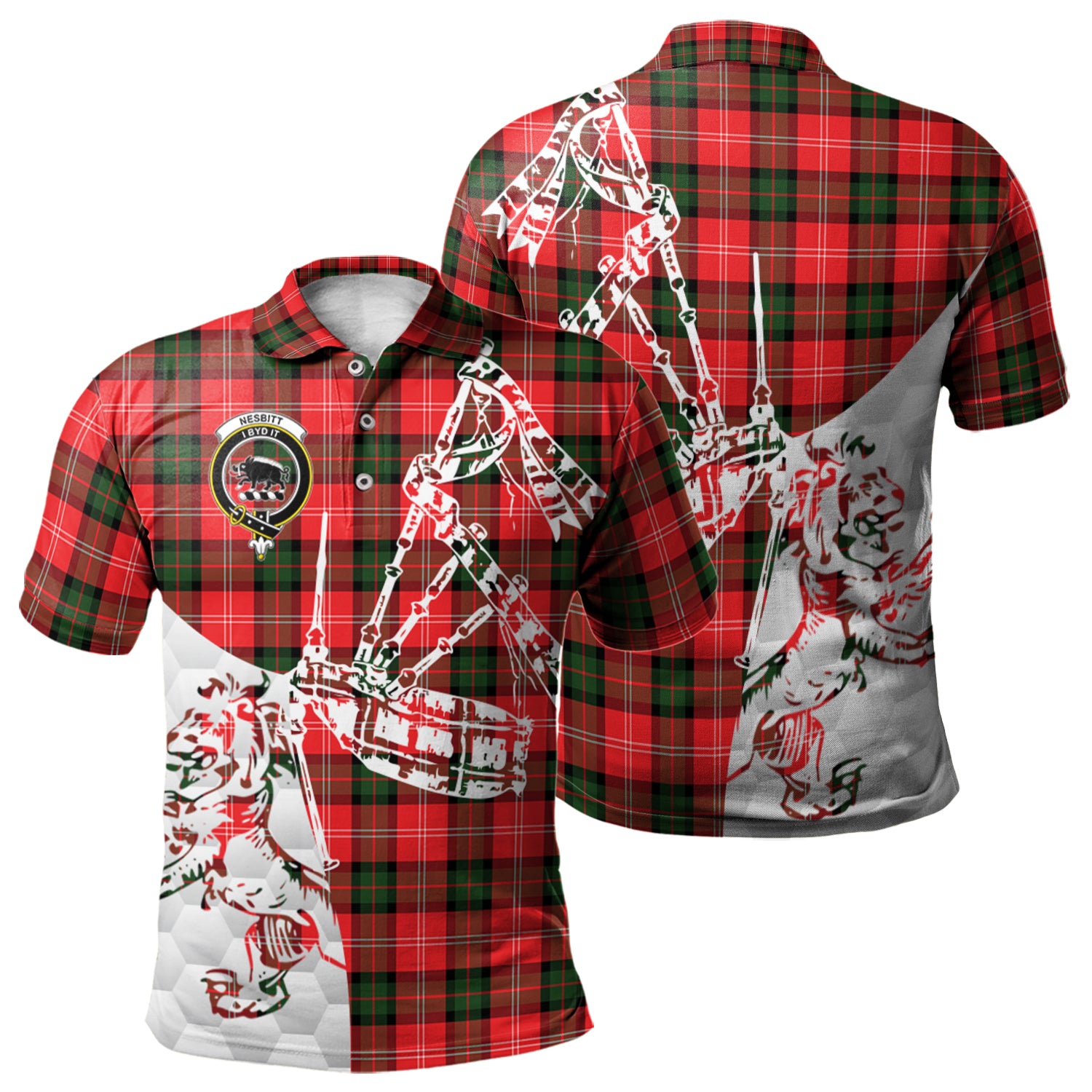 scottish-nesbitt-modern-clan-crest-tartan-polo-shirt-lion-and-bagpipes-style