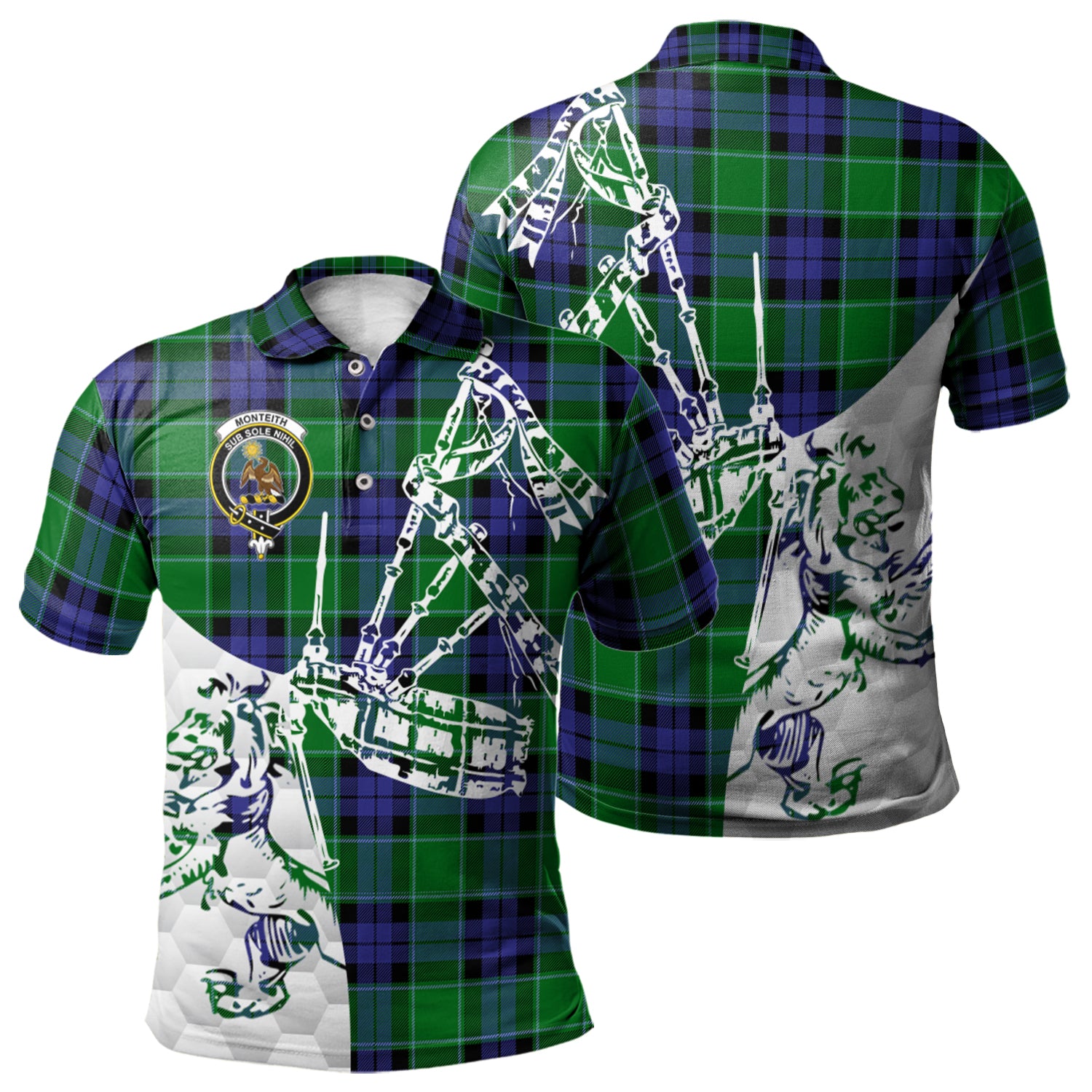 scottish-monteith-clan-crest-tartan-polo-shirt-lion-and-bagpipes-style