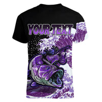 (Custom Personalised) Bass Fishing Purple Women V Neck T Shirt - Wonder Print Shop