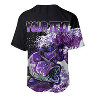 Black baseball jersey back with YOUR TEXT and purple bass graphic