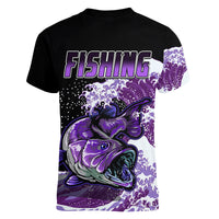 Largemouth Bass Fishing Purple Women V Neck T Shirt - Wonder Print Shop