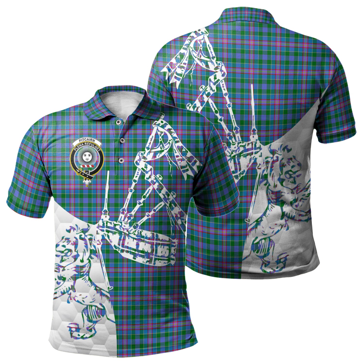 scottish-pitcairn-hunting-clan-crest-tartan-polo-shirt-lion-and-bagpipes-style