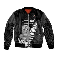 (Custom Text And Number) Aotearoa Rugby Sevens All Black Tiki Fern Sleeve Zip Bomber Jacket - Wonder Print Shop
