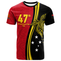 Red/black graphic t-shirt with 47th Independence Day PNG text, tribal art