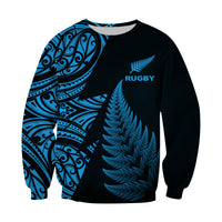 Unisex rugby sweatshirt, black with blue fern and tribal panel graphic