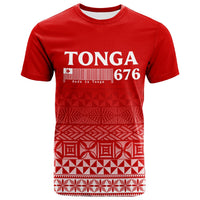 Red Tonga 676 T-shirt with front barcode and tribal pattern hem