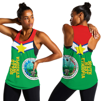 Green women's pride tank top with red collar, blue stripe, yellow star and emblem