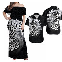 Off-shoulder maxi dress, black with large white/gray shark graphic and Polynesian patterns